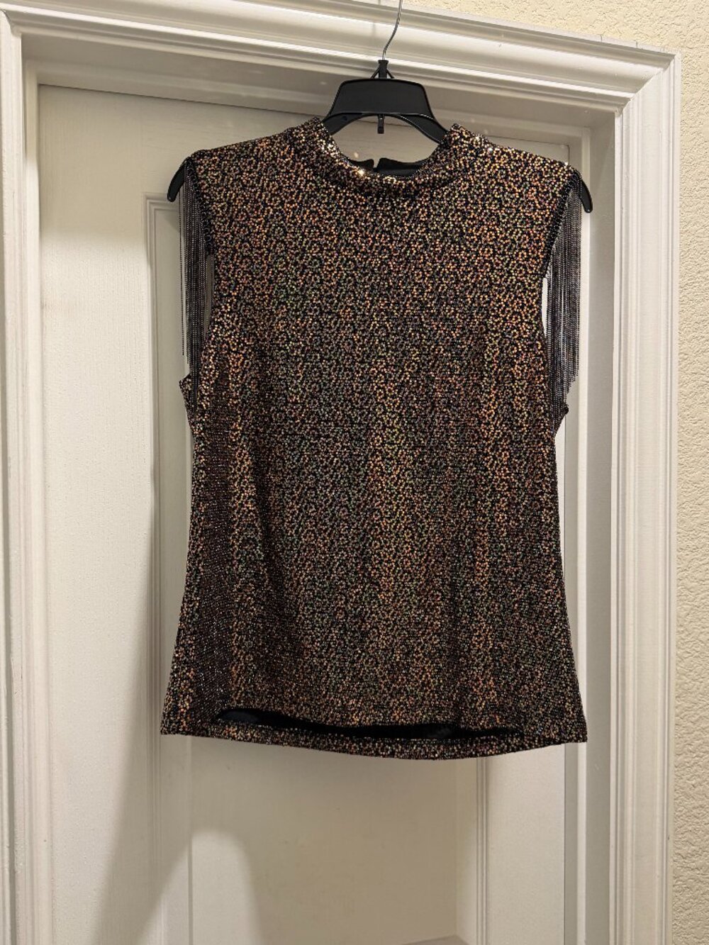 Sterling & Stitch Sequin Fringe Mock Neck Tank Top Gold Copper Black Med/Large